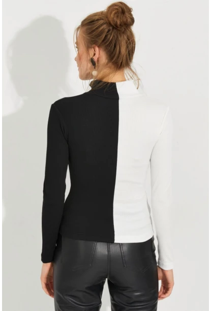 Kadın Siyah-Beyaz Renk Bloklu Kaşkorse Bluz EY2586