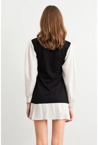 Kadın Siyah-Beyaz Renk Bloklu Mini Elbise HOR0052