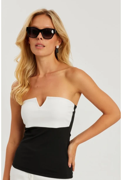 Kadın Siyah-Beyaz Straplez Bluz EY2793