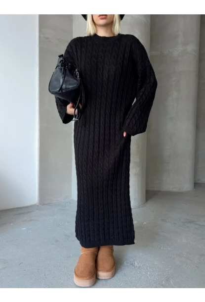 Kadın Siyah Bisiklet Yaka Saç Örgülü Kadın Triko Midi Elbise