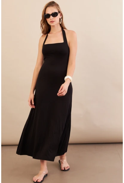 Kadın Siyah Boyun Bağlamalı Halter Midaxi Elbise EY3113