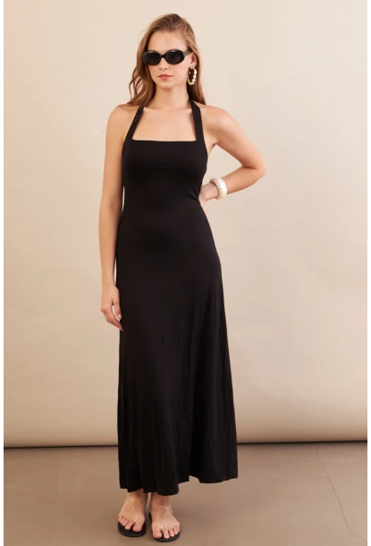 Kadın Siyah Boyun Bağlamalı Halter Midaxi Elbise EY3113