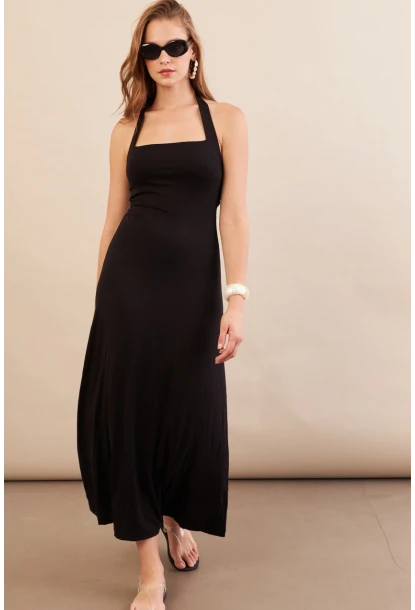 Kadın Siyah Boyun Bağlamalı Halter Midaxi Elbise EY3113