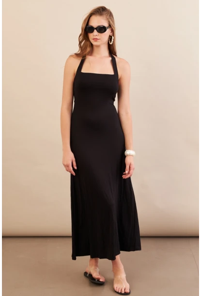 Kadın Siyah Boyun Bağlamalı Halter Midaxi Elbise EY3113