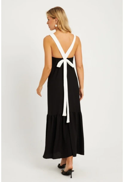 Kadın Siyah Bürümcük Kontrast Midi Elbise EY2829