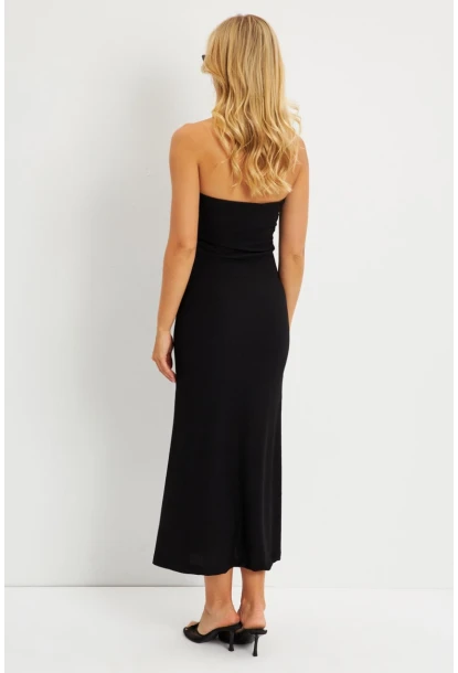 Kadın Siyah Bürümcük Straplez Midi Elbise EY2787