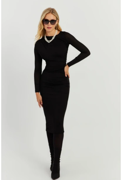 Kadın Siyah Büzgülü Buzi Midi Elbise KED147