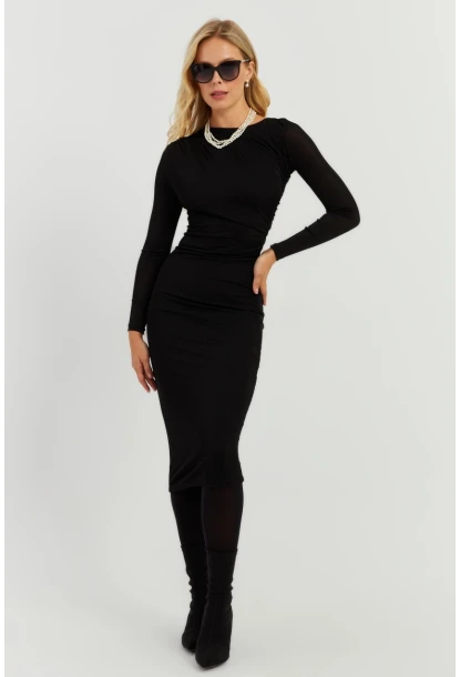 Kadın Siyah Büzgülü Buzi Midi Elbise KED147