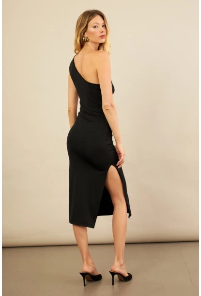 Kadın Siyah Büzgülü Tek Omuz Midi Elbise YEL221676