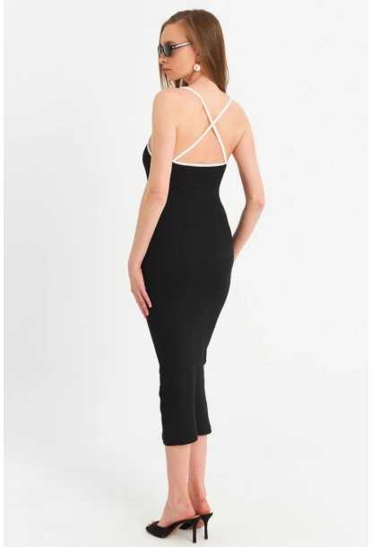 Kadın Siyah Çapraz Askılı Midi Elbise OR2452