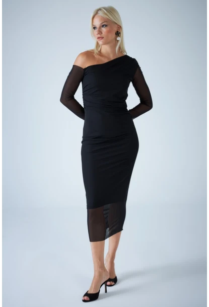 Kadın Siyah Çapraz Yaka Astarlı Midi Tül Elbise RSP1741