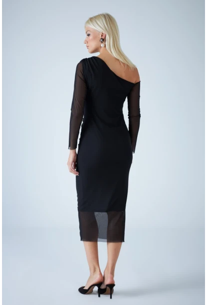 Kadın Siyah Çapraz Yaka Astarlı Midi Tül Elbise RSP1741