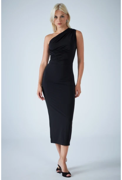 Kadın Siyah Çapraz Yaka Midi Elbise ELN603