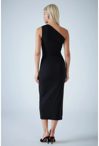 Kadın Siyah Çapraz Yaka Midi Elbise ELN603