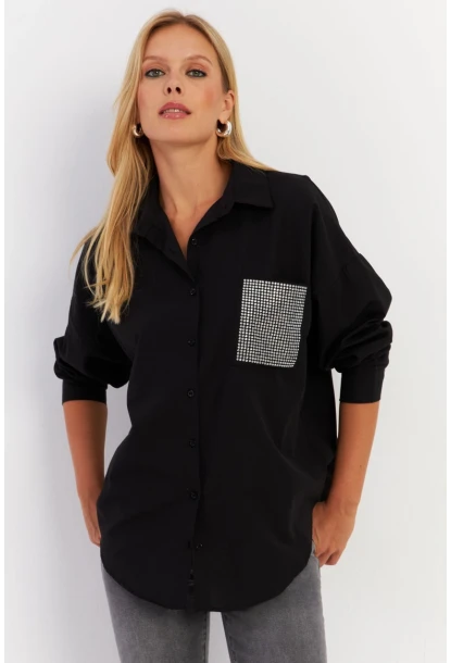 Kadın Siyah Cepli Taşlı Gömlek MZER414