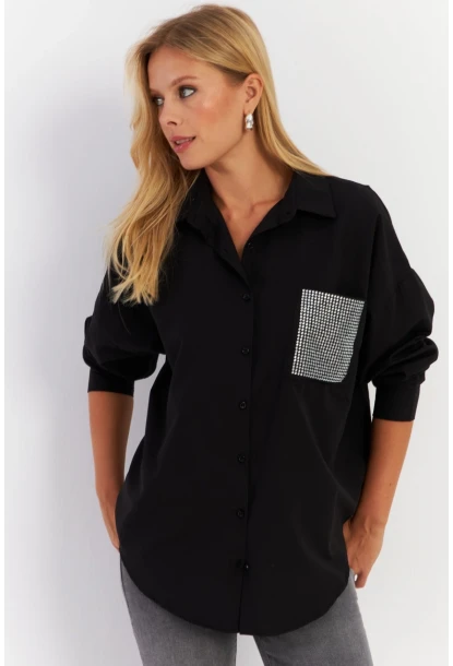 Kadın Siyah Cepli Taşlı Gömlek ZER414