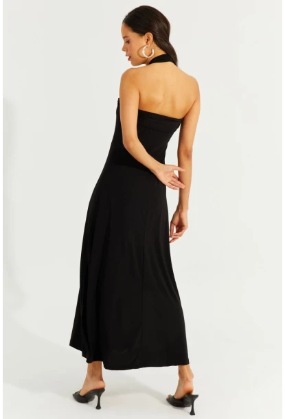 Kadın Siyah Çift Askılı Maxi Elbise BK261084