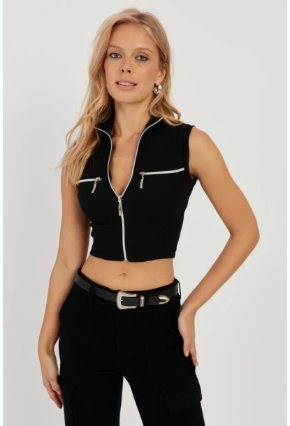 Kadın Siyah Çift Fermuarlı Kaşkorse Bluz EY2735