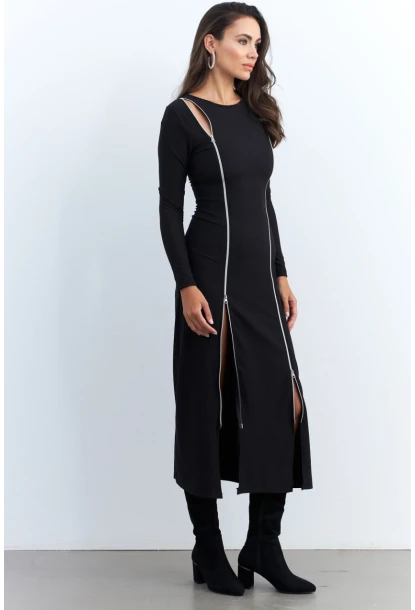 Kadın Siyah Çift Fermuarlı Maxi Elbise ELT4039