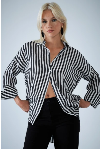 Kadın Siyah Çizgili Gömlek ELN600