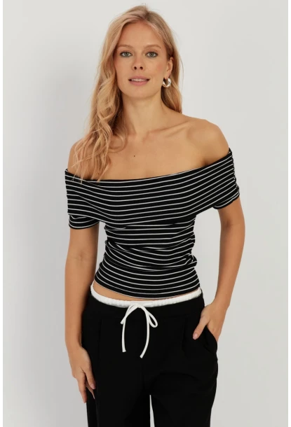 Kadın Siyah Çizgili Madonna Bluz YZ1001