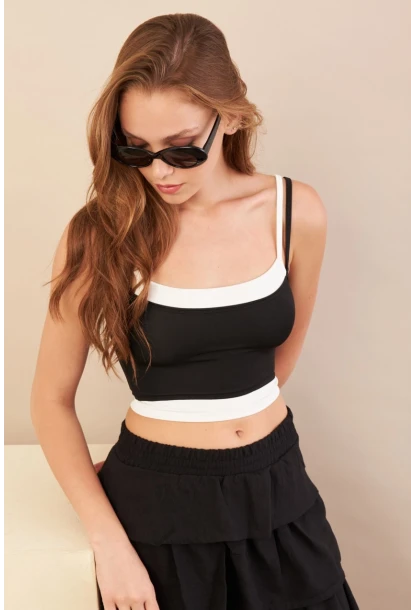 Kadın Siyah Color Block Askılı Crop Bluz AN8082
