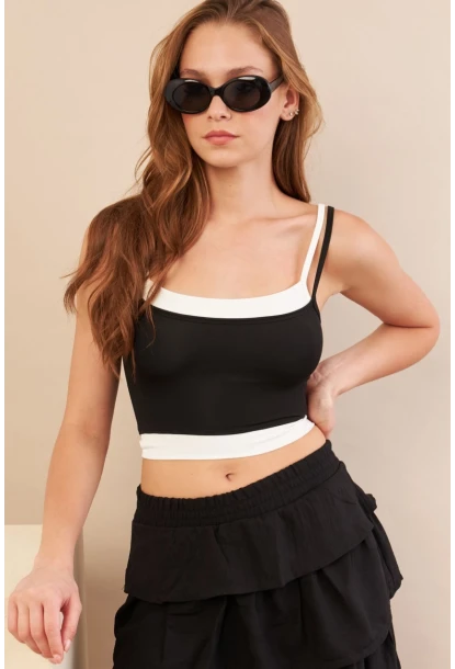Kadın Siyah Color Block Askılı Crop Bluz AN8082