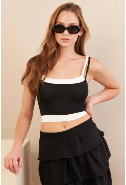 Kadın Siyah Color Block Askılı Crop Bluz AN8082