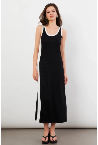 Kadın Siyah Color Block Yırtmaçlı Midi Elbise UG105