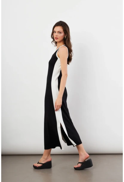 Kadın Siyah Color Block Yırtmaçlı Midi Elbise UG105