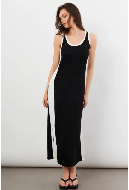 Kadın Siyah Color Block Yırtmaçlı Midi Elbise UG105