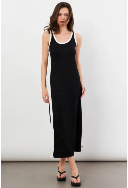 Kadın Siyah Color Block Yırtmaçlı Midi Elbise UG105