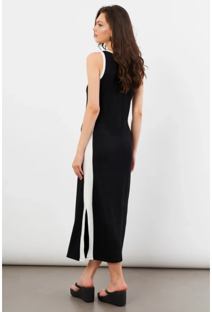 Kadın Siyah Color Block Yırtmaçlı Midi Elbise UG105
