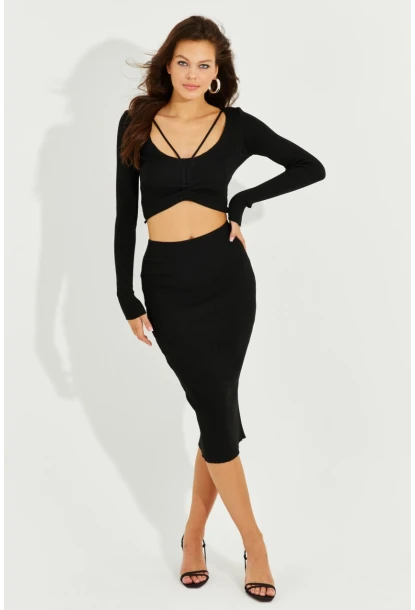 Kadın Siyah Crop Etek Takım KZ2201