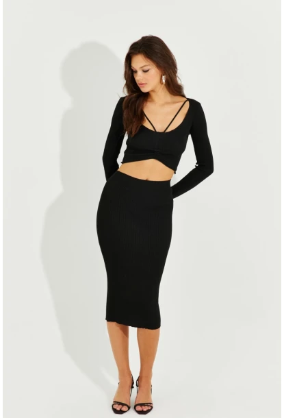 Kadın Siyah Crop Etek Takım KZ2201