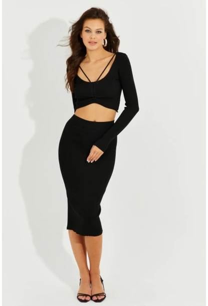 Kadın Siyah Crop Etek Takım KZ2201