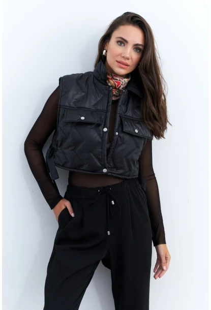 Kadın Siyah Crop Yelek İS808