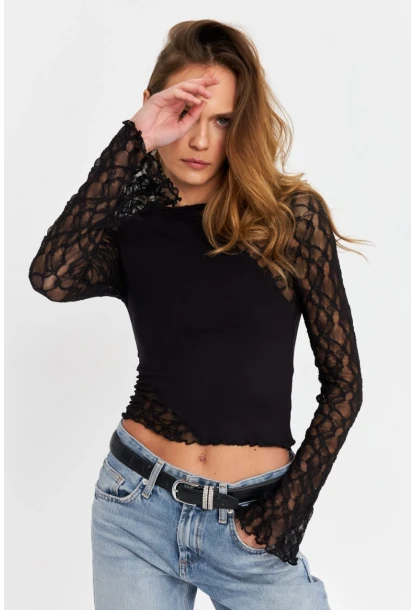 Kadın Siyah Dantel Bloklu Bluz FS9832