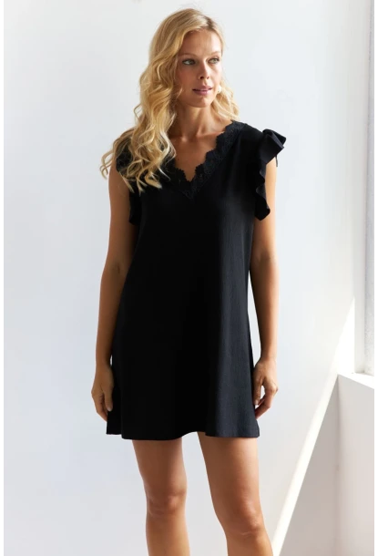 Kadın Siyah Dantel Detaylı Bürümcük Mini Elbise HOL2081