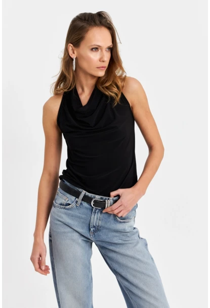 Kadın Siyah Degaje Yaka Kolsuz Bluz LPP1226-90