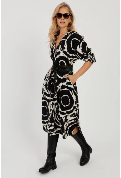 Kadın Siyah Desenli Gömlek Elbise LV174