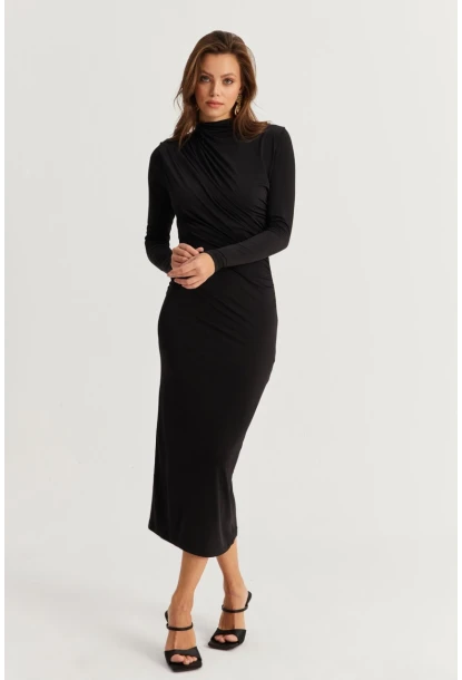 Kadın Siyah Drape Maxi Elbise DMR377