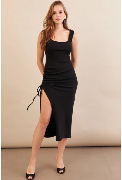 Kadın Siyah Drapeli Midaxi Kaşkorse Elbise EY3112