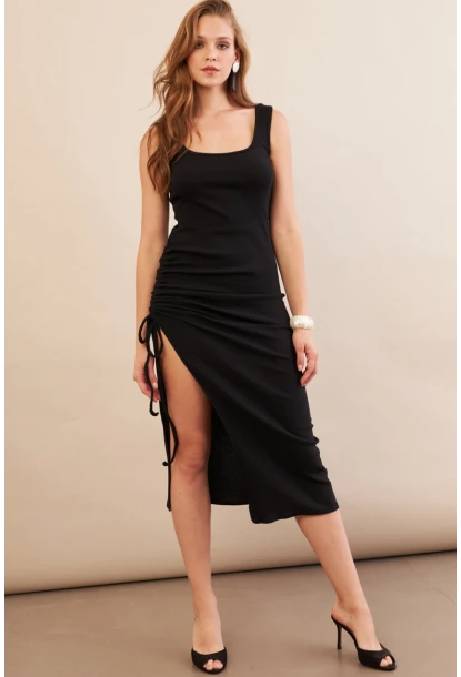 Kadın Siyah Drapeli Midaxi Kaşkorse Elbise EY3112