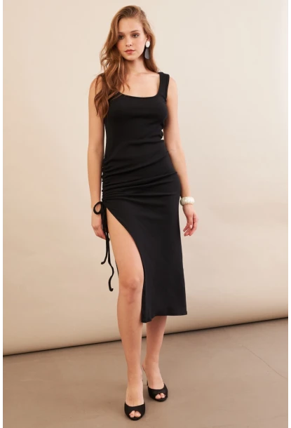 Kadın Siyah Drapeli Midaxi Kaşkorse Elbise EY3112