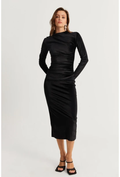 Kadın Siyah Drapeli Midi Elbise MON1113