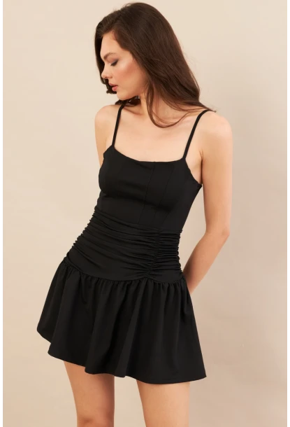 Kadın Siyah Drapeli Mini Elbise DCF080