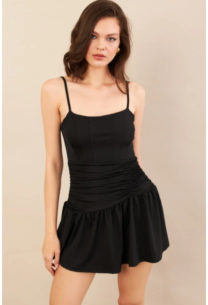 Kadın Siyah Drapeli Mini Elbise DCF080