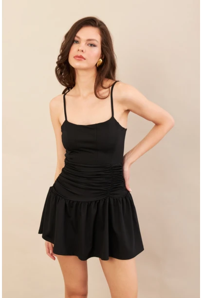 Kadın Siyah Drapeli Mini Elbise DCF080