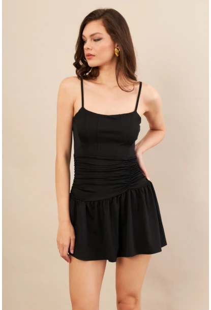 Kadın Siyah Drapeli Mini Elbise DCF080
